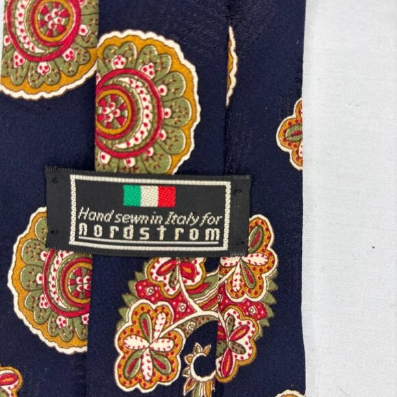 NORDSTROM Hand Sewn Italian Silk Mens Tie Navy Green Gold Floral Paisley - Picture 4 of 4